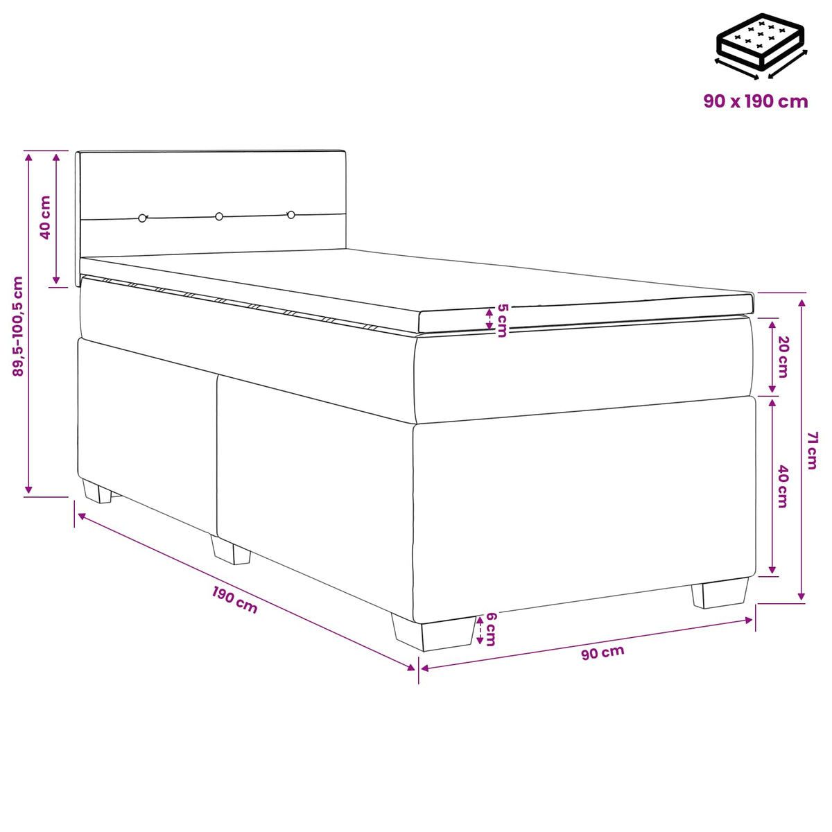 Krevet s box springom, madracem i LED-om Tamno smeđa Tkanina 90 x 190 cm