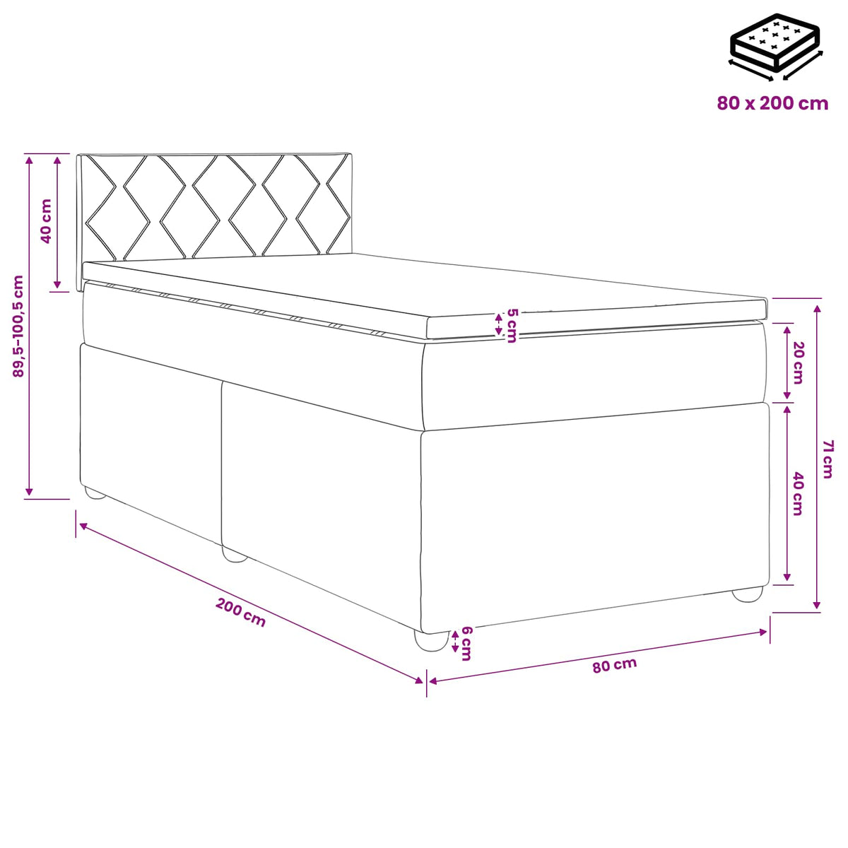 Boxspring krevet s madracem Tamnosiva 80 x 200 cm Tkanina 80 x 200 x 100.5 cm