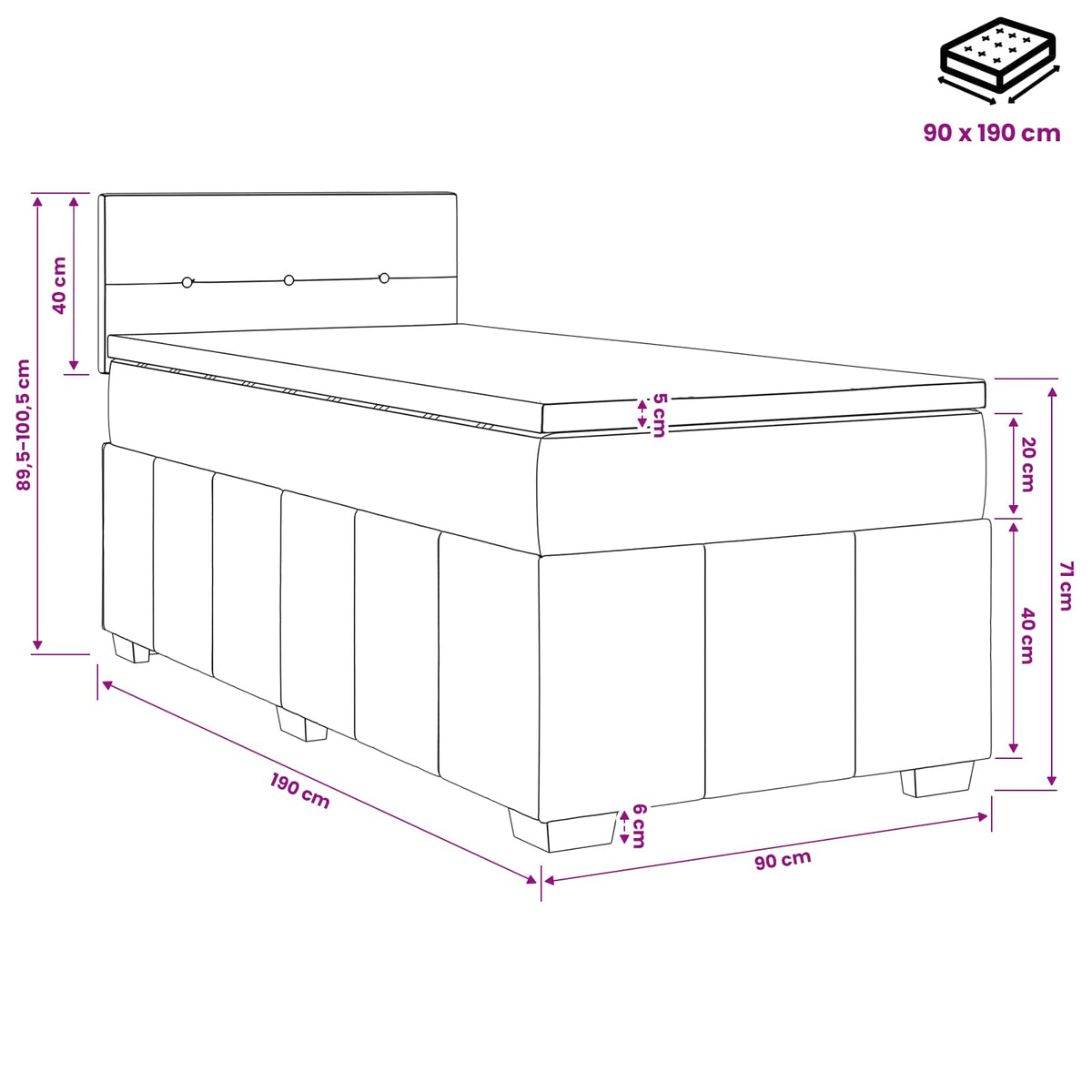 Boxspring krevet s madracem Tamnosiva 90 x 190 cm Tkanina 90 x 190 x 100.5 cm