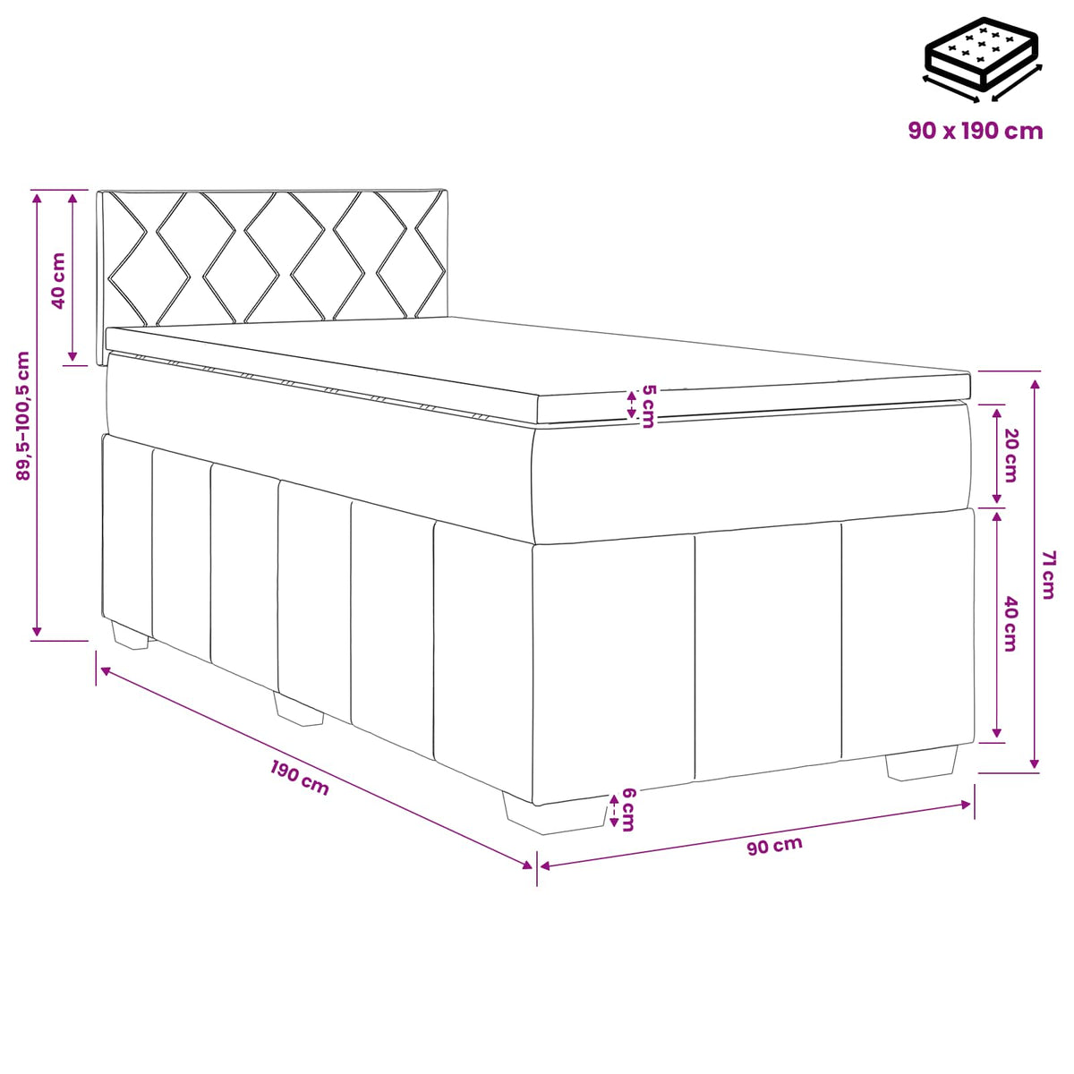 Boxspring krevet s madracem Tamnosiva 90 x 190 cm Tkanina 90 x 190 x 100.5 cm