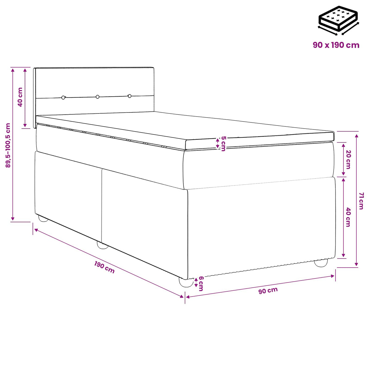 Boxspring krevet s madracem Tamnosiva 90 x 190 cm Baršun 90 x 190 x 100.5 cm