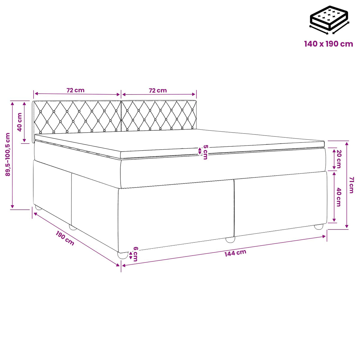 Boxspring krevet s madracem Tamnosiva 140 x 190 cm Baršun 144 x 190 x 100.5 cm
