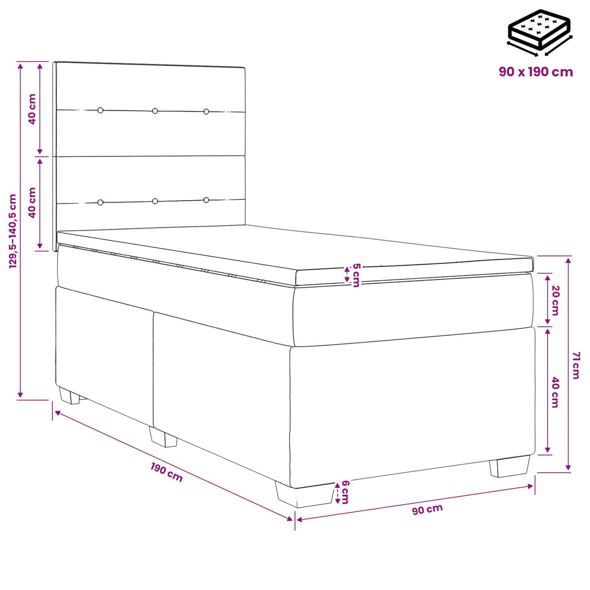 Boxspring krevet s madracem Tamnosiva 90 x 190 cm Baršun 190 x 90 x 140.5 cm