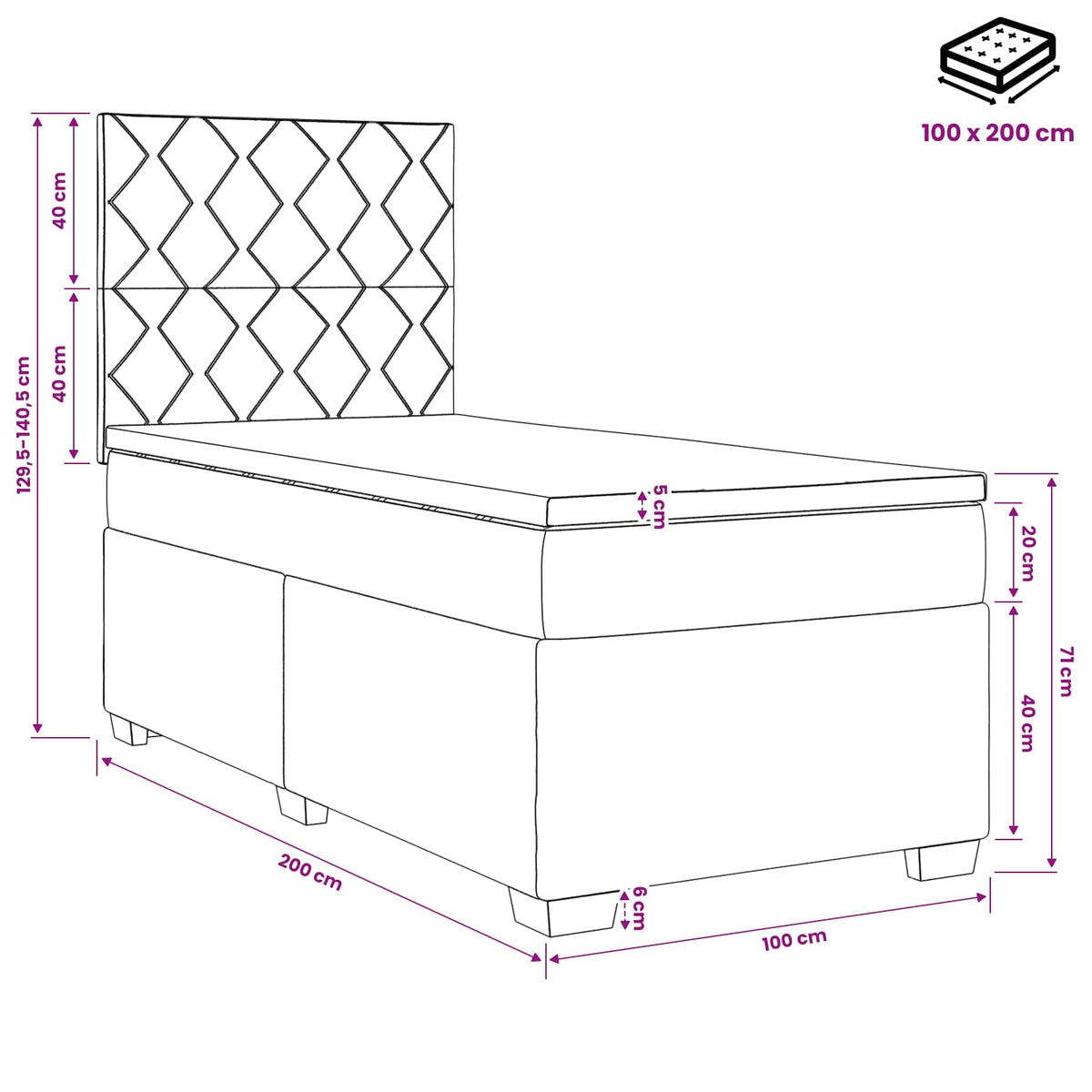 Boxspring krevet s madracem Tamnosiva 100 x 200 cm Baršun 200 x 100 x 140.5 cm