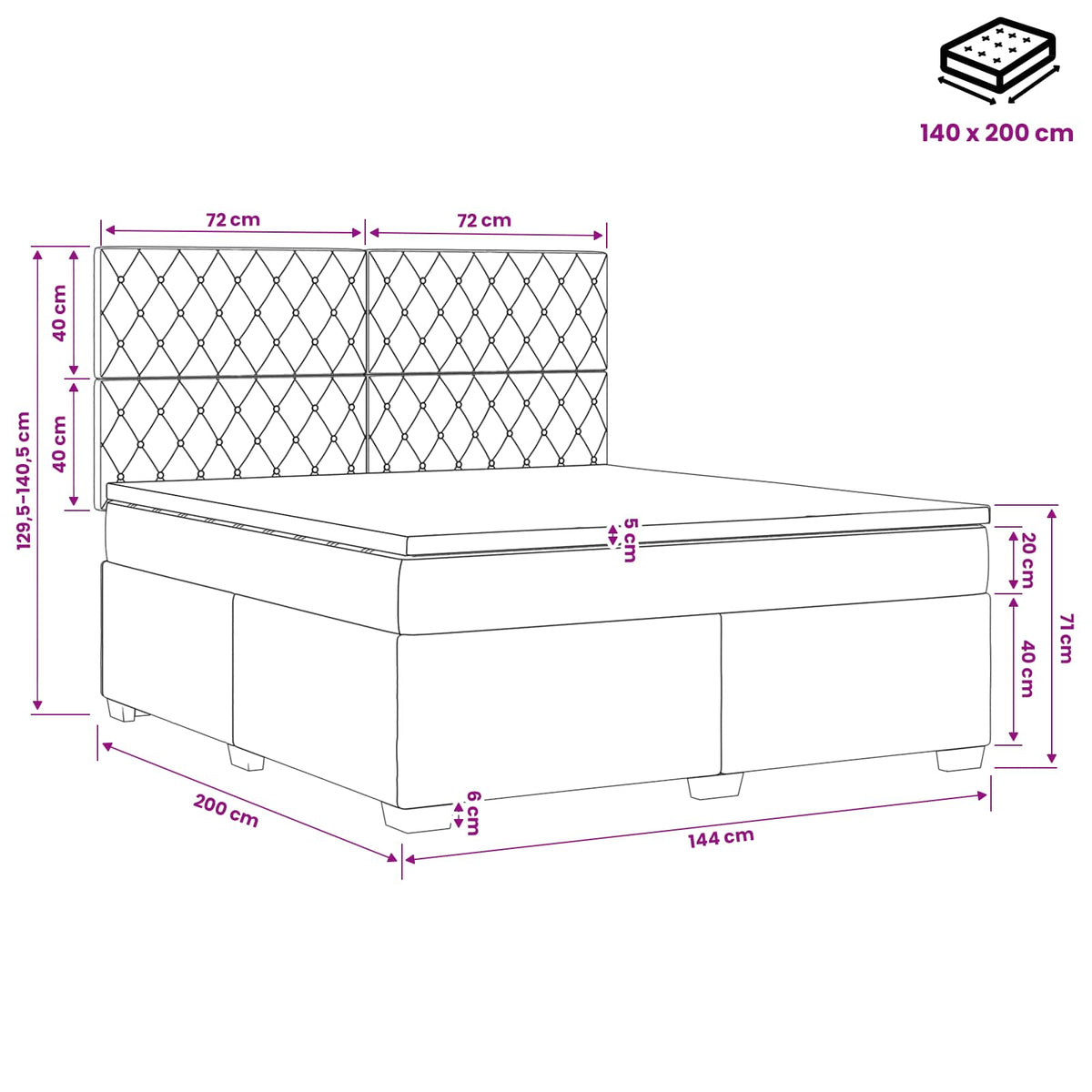 Boxspring krevet s madracem Tamnosiva 140 x 200 cm Baršun 200 x 144 x 140.5 cm