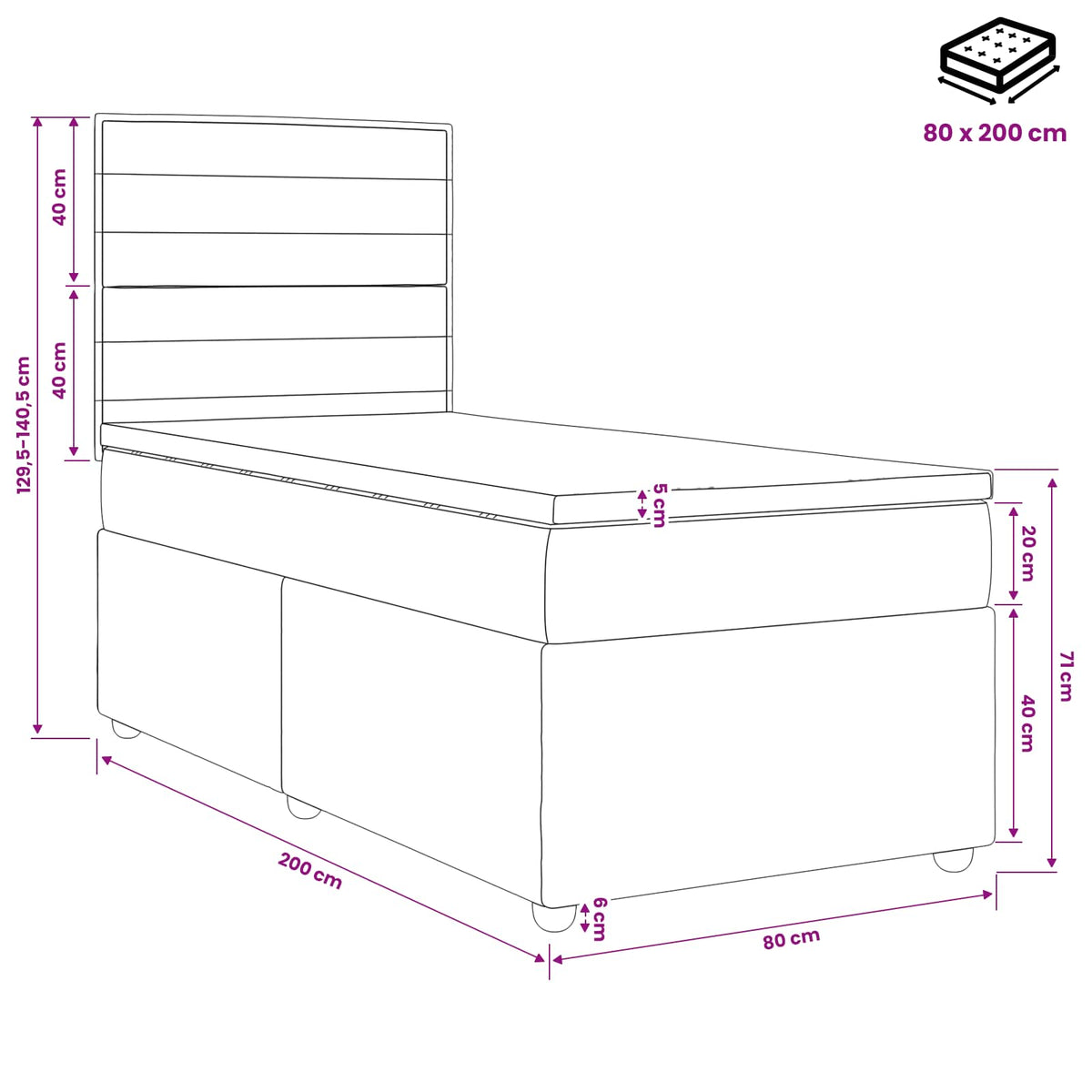 Boxspring krevet s madracem Tamnosiva 80 x 200 cm Tkanina 200 x 80 x 140.5 cm