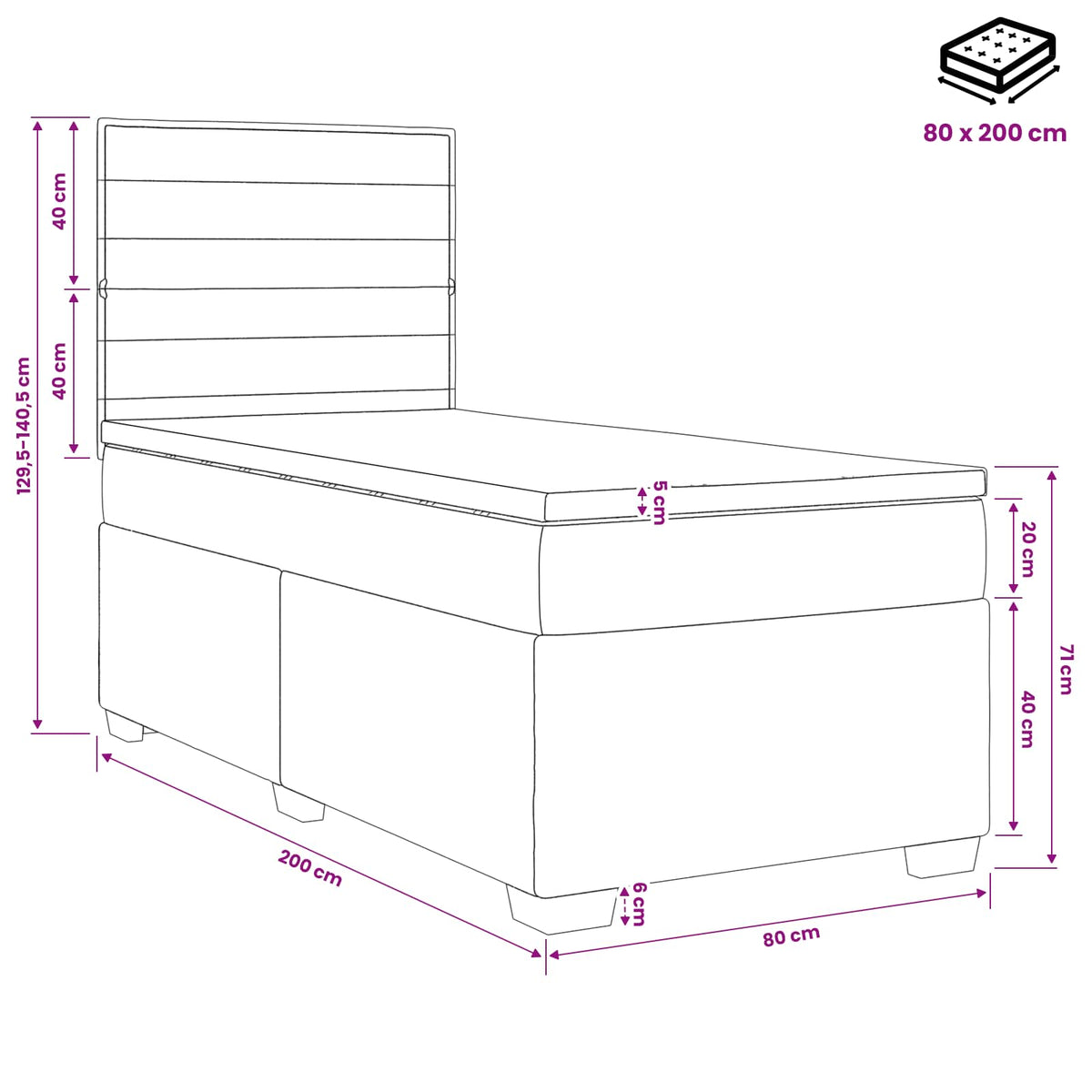 Boxspring krevet s madracem Tamnosiva 80 x 200 cm Tkanina 80 x 200 x 140.5 cm