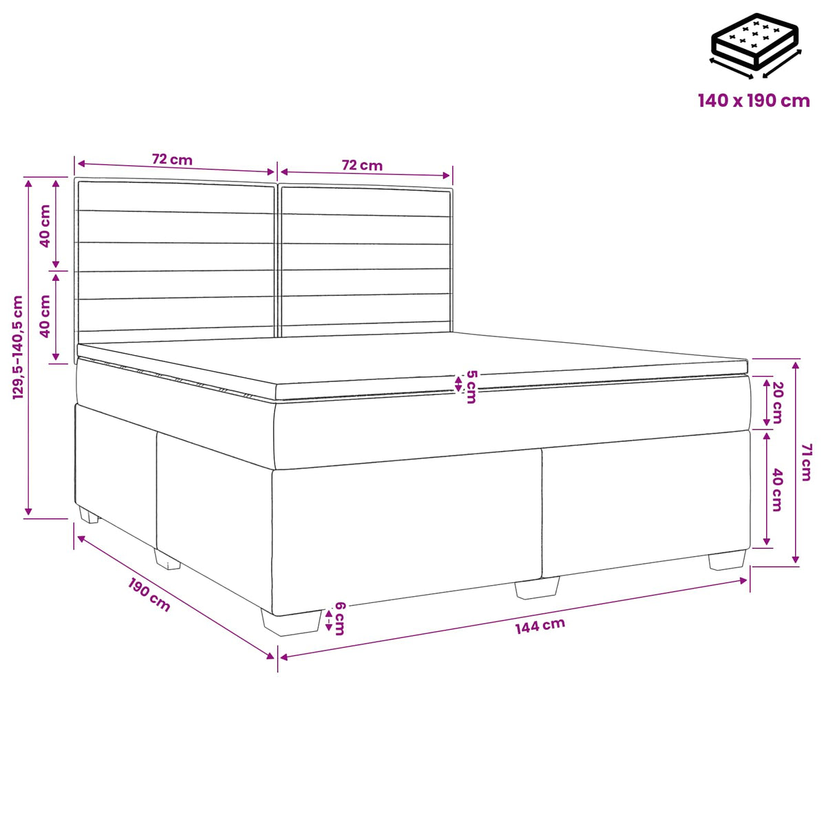 Boxspring krevet s madracem Tamnosiva 140 x 190 cm Tkanina 144 x 190 x 140.5 cm