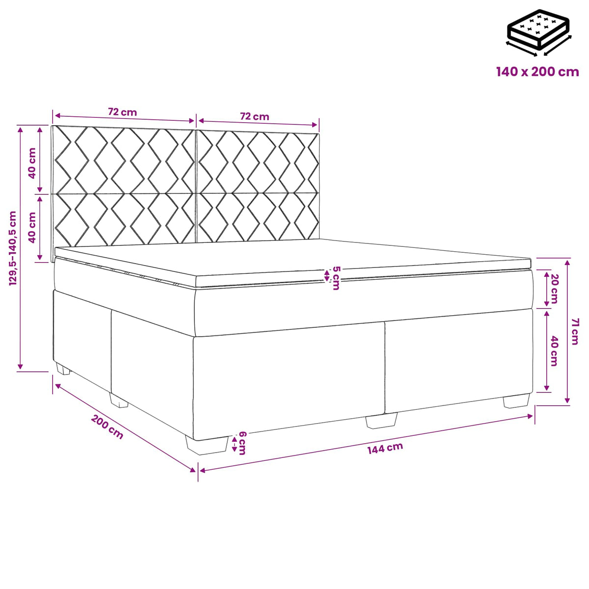 Boxspring krevet s madracem Tamnosiva 140 x 200 cm Tkanina 144 x 200 x 140.5 cm