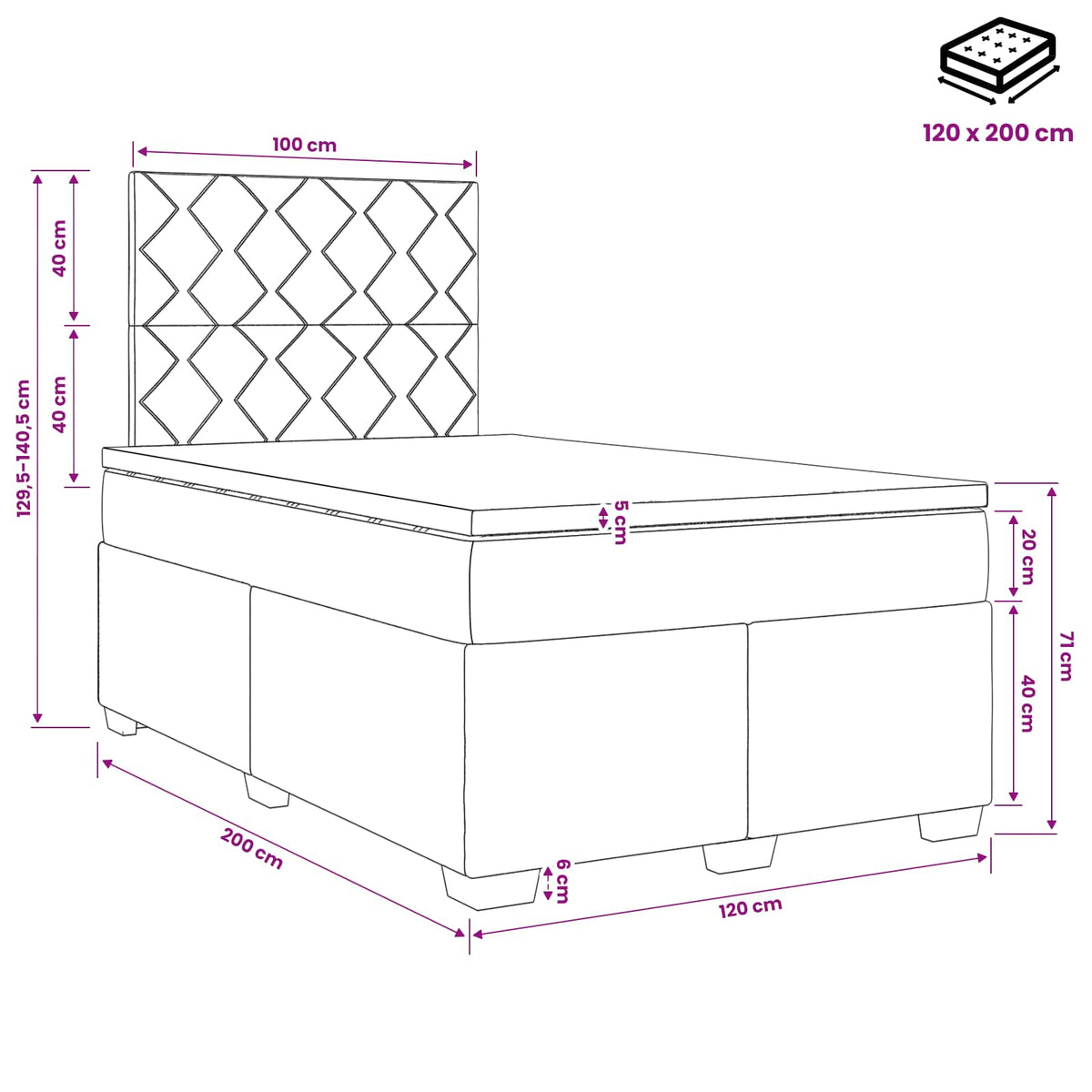 Boxspring krevet s madracem Tamnosiva 120 x 200 cm Baršun 120 x 200 x 140.5 cm