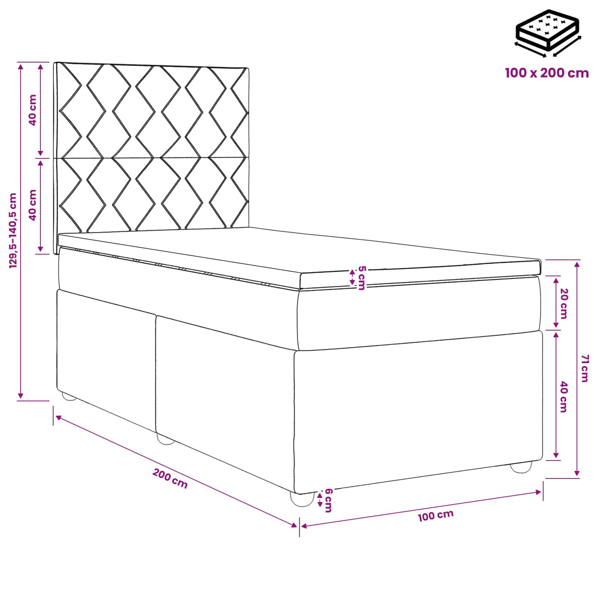 Boxspring krevet s madracem Tamnosiva 100 x 200 cm Tkanina 100 x 200 x 140.5 cm