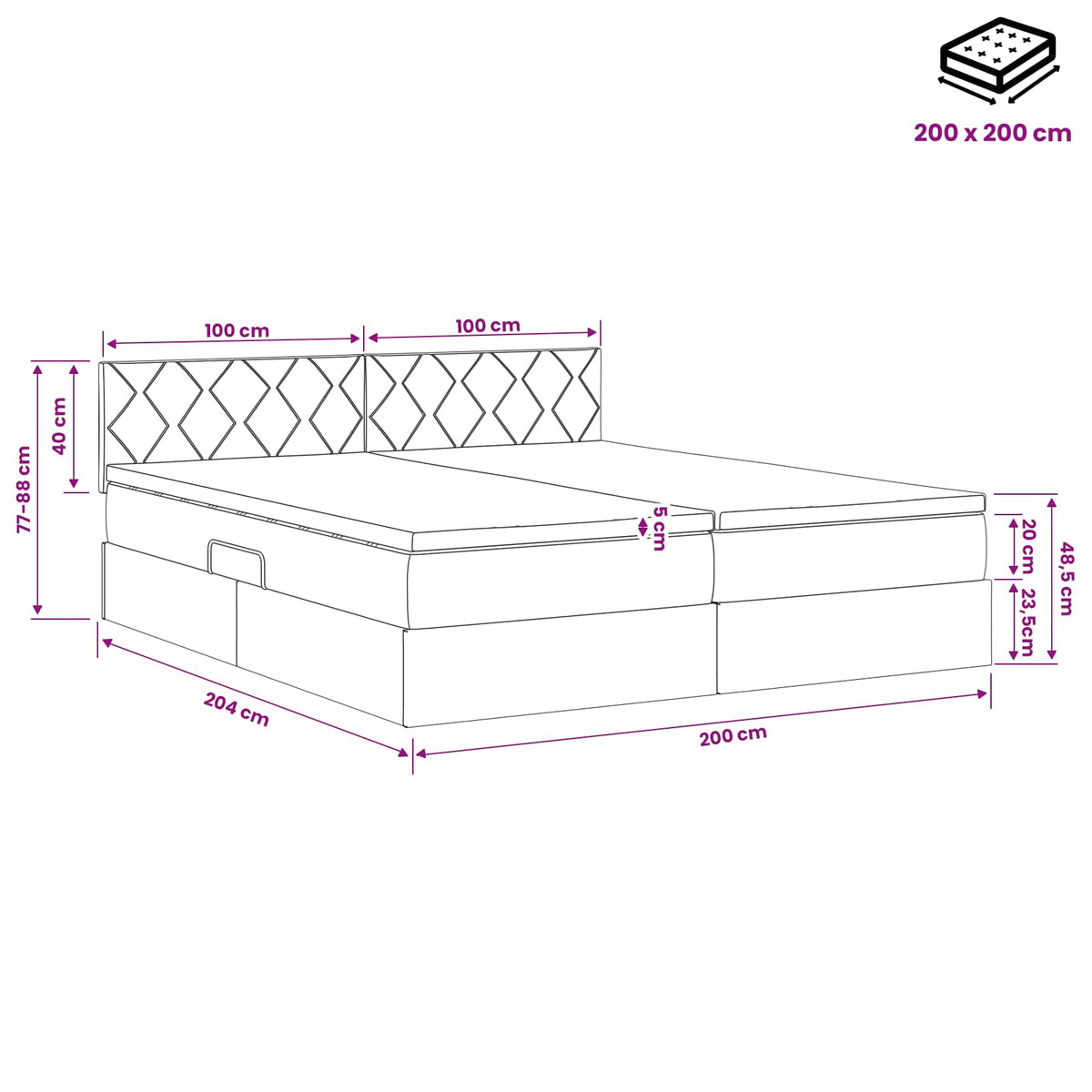 Krevet s od storage s uzglavljem 2 kom. Crna Lažna koža 200 x 200 cm
