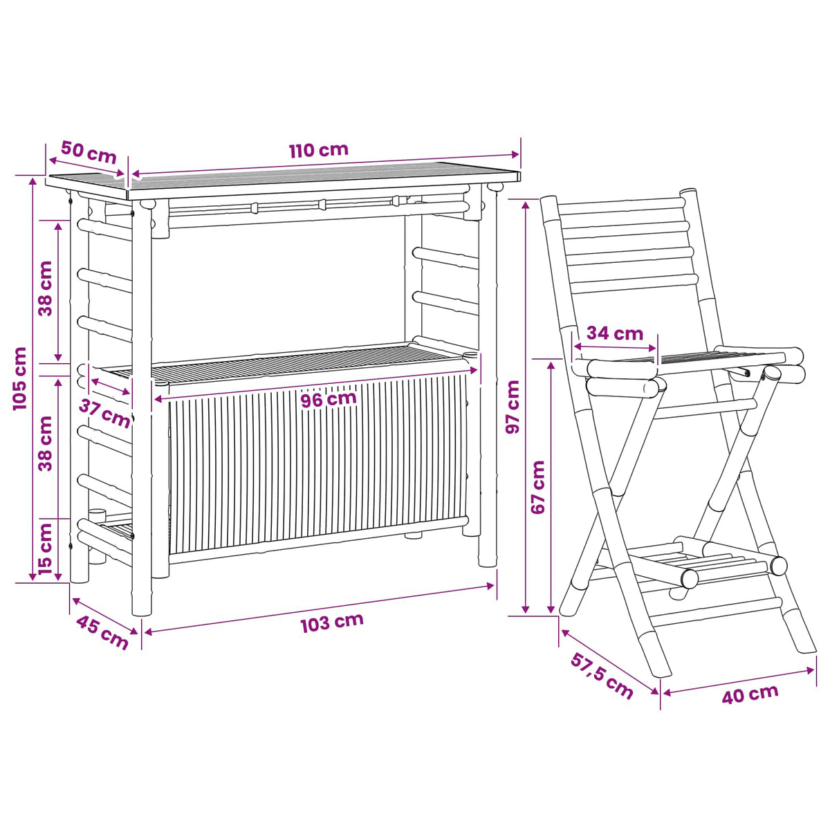 Vanjski bar stol i stolice 3 kom. 2-sjedala Prirodna Bambus Smeđa 110 x 55 x 105 cm