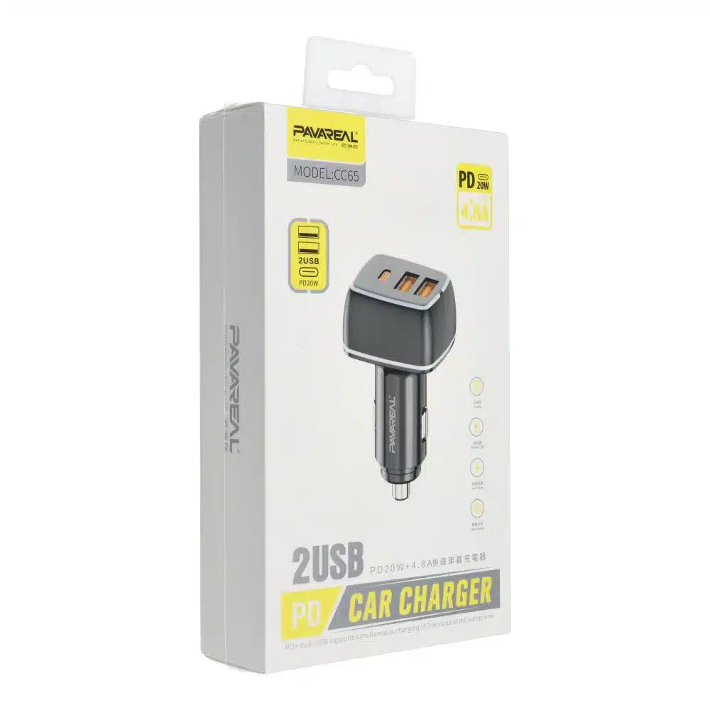 PAVAREAL avtopolnilec Type C PD 20W + 2x USB 4.8A PA-CC65 črn