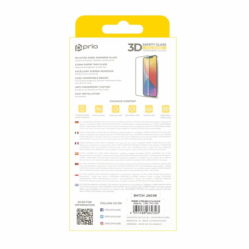Prio 3D zaščitno steklo iz kaljenega stekla za iPhone 14 Pro Max (6,7 palca) črno
