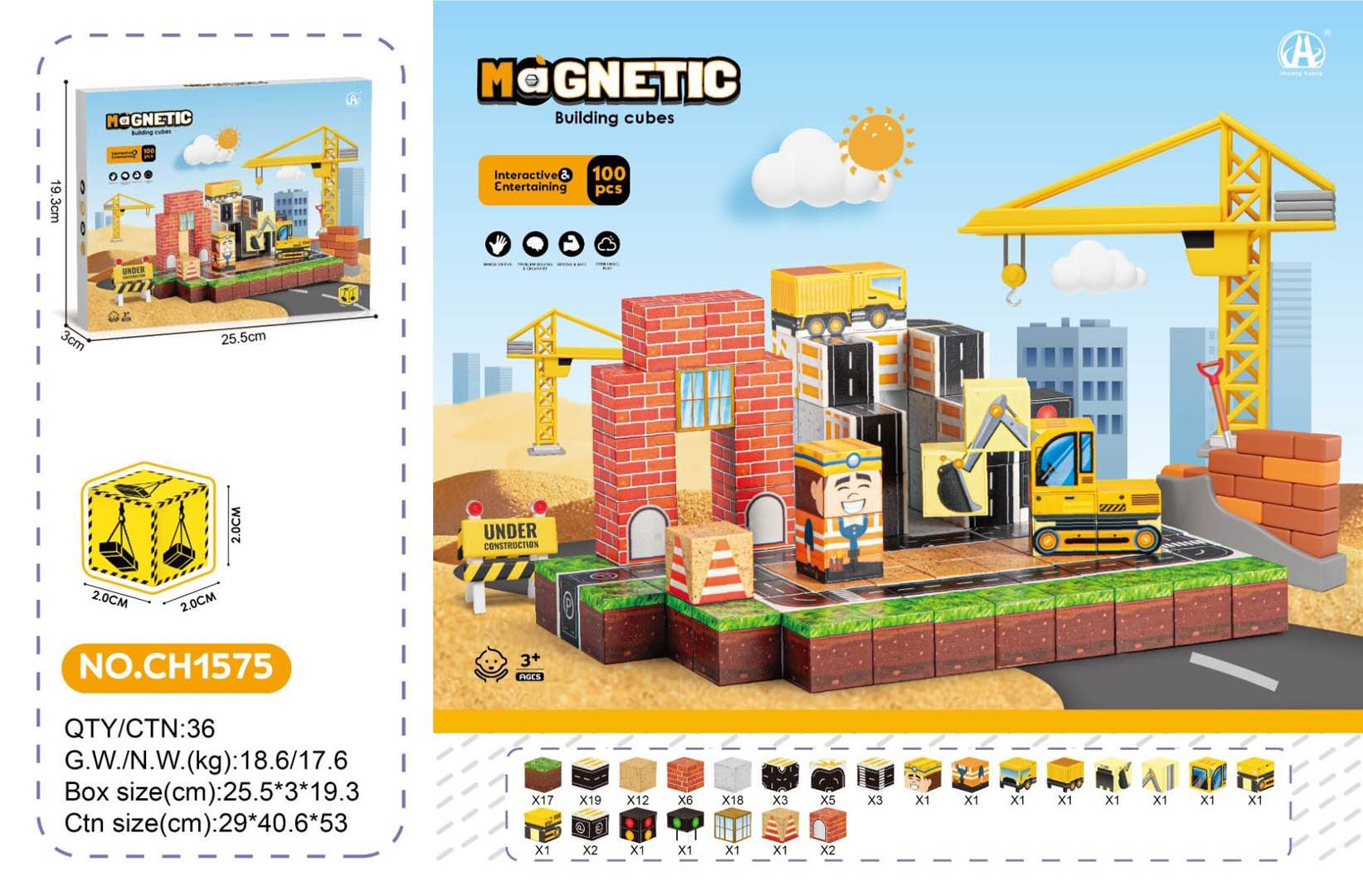 Set of Magnetic Cubes, Magnetic Blocks Construction Site 100 pcs.