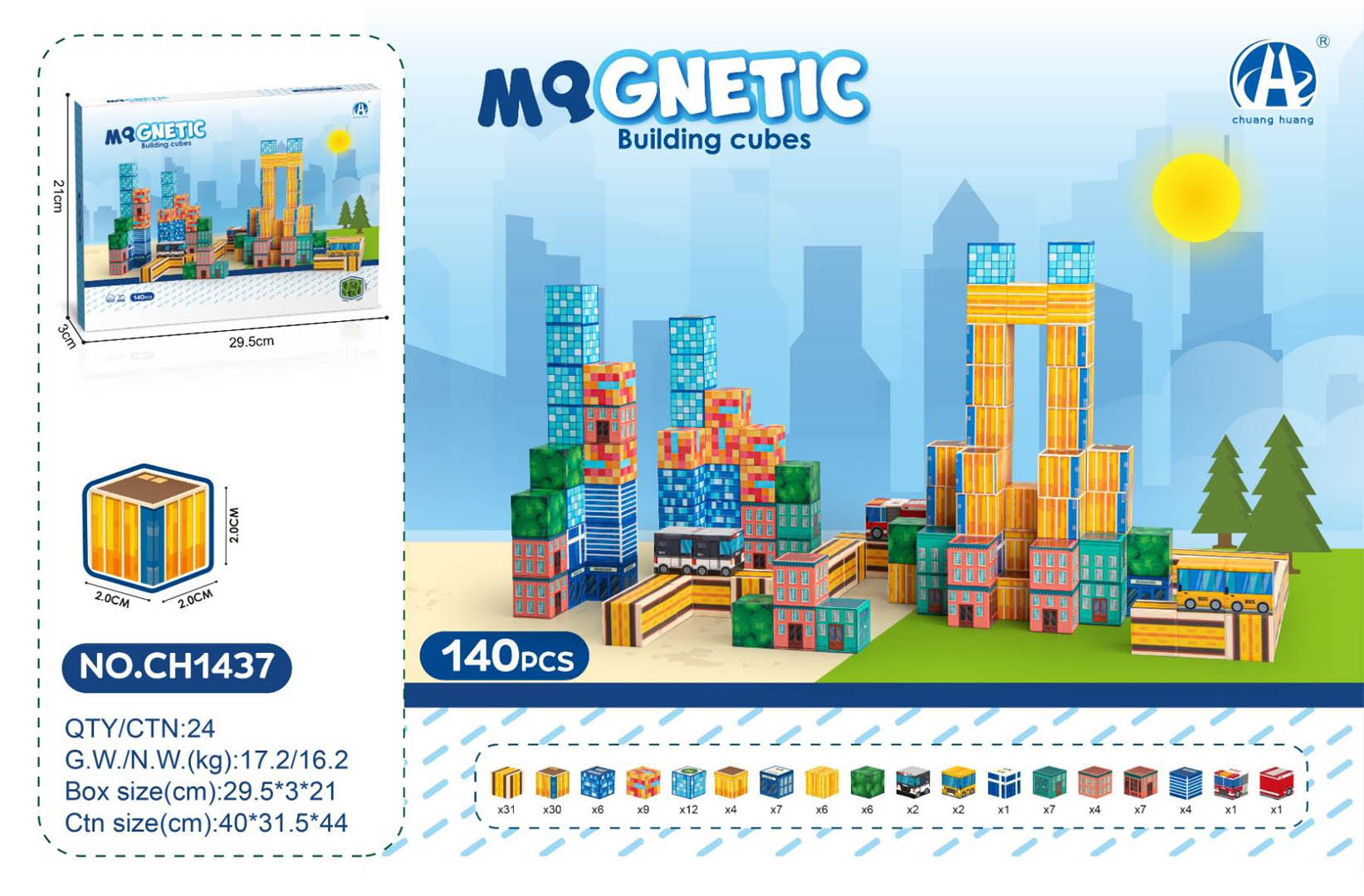 Magnetic Cube Set, Magnetic Blocks 140 pcs.