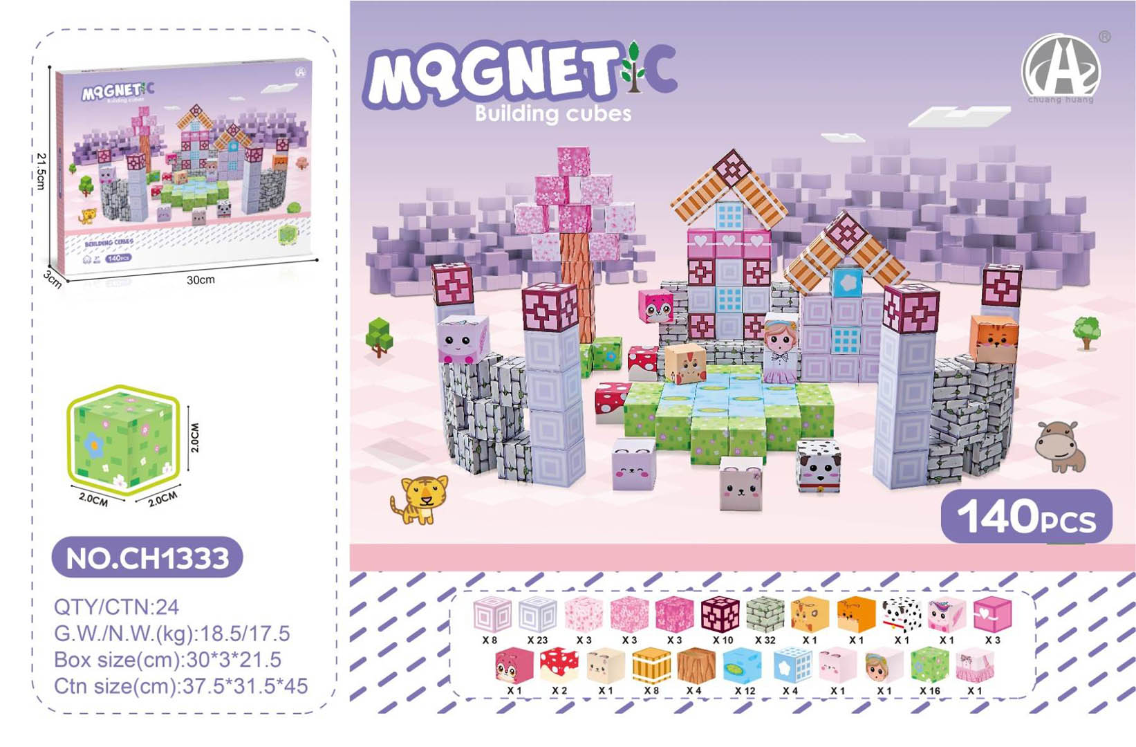 Magnetic Cubes Set, Magnetic bricks 140el.