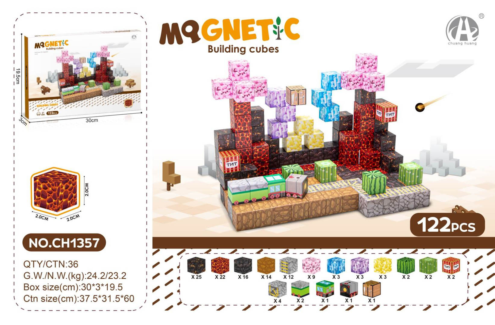 Magnetic Cubes Set, Magnetic bricks 122el.