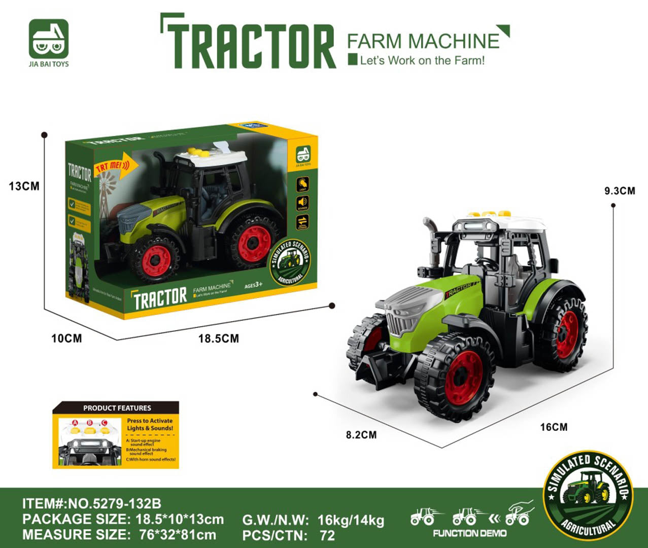 Tractor with Lights and Sound Function Bright Green