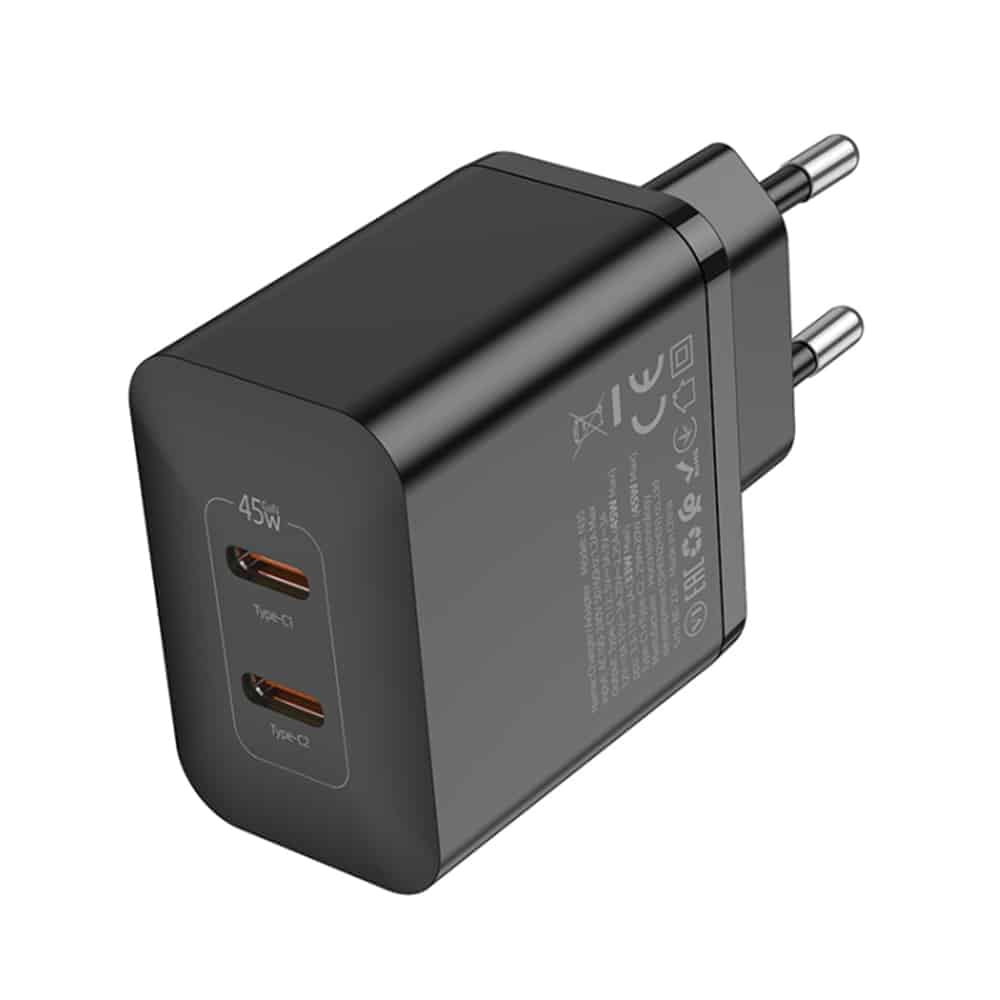 Hoco - Stenski polnilec Streamer (N35) - dvojna vrata 2x Type-C PD45W - črn