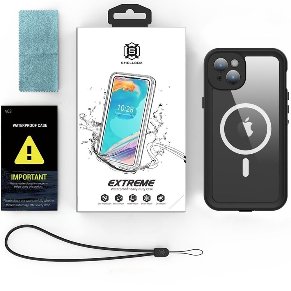 ShellBox – Vodoodporna 360° MagSafe torbica IP68 za iPhone 15 Plus – Črna
