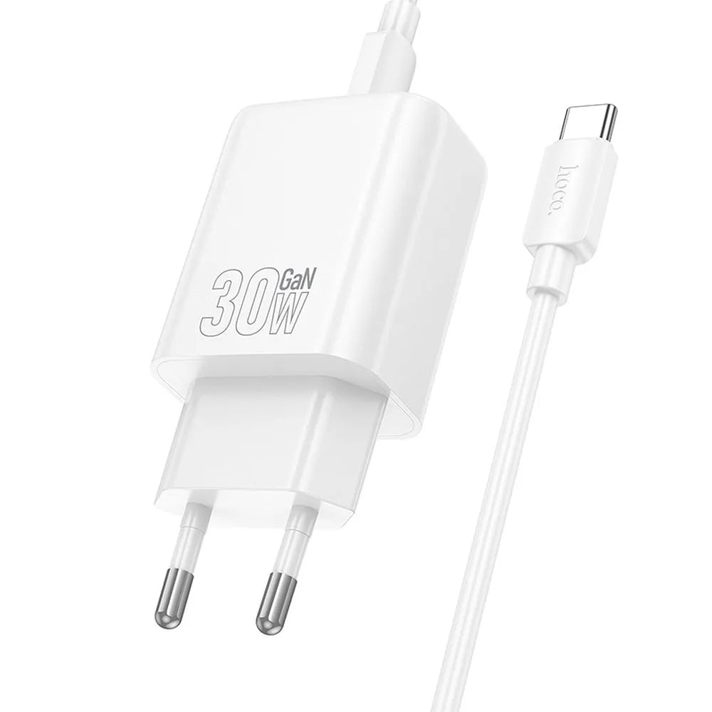 Hoco USB-C QC PD 30W stenski polnilec za telefon + USB C na USB C kabel N62 bel