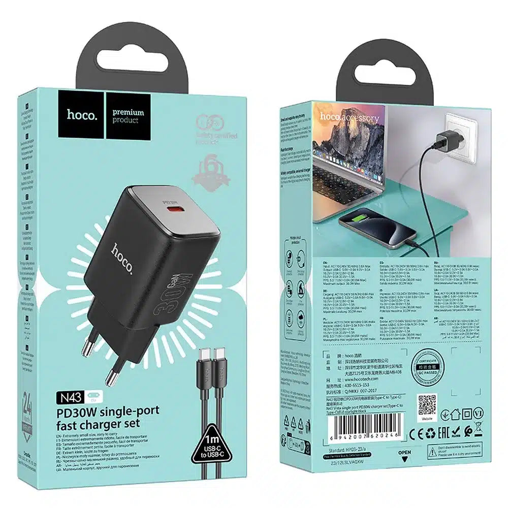 HOCO stenski polnilec tipa C + kabel tipa C na tip C PD QC 30W GaN N43 črne barve
