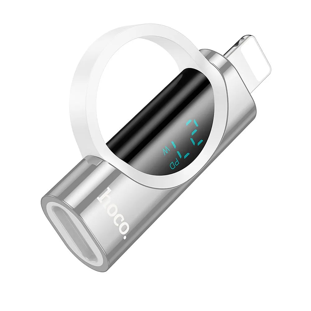 HOCO Lightning (moški) na Type-C (ženski) adapter z zaslonom 2.4A 27W UA32B srebrn