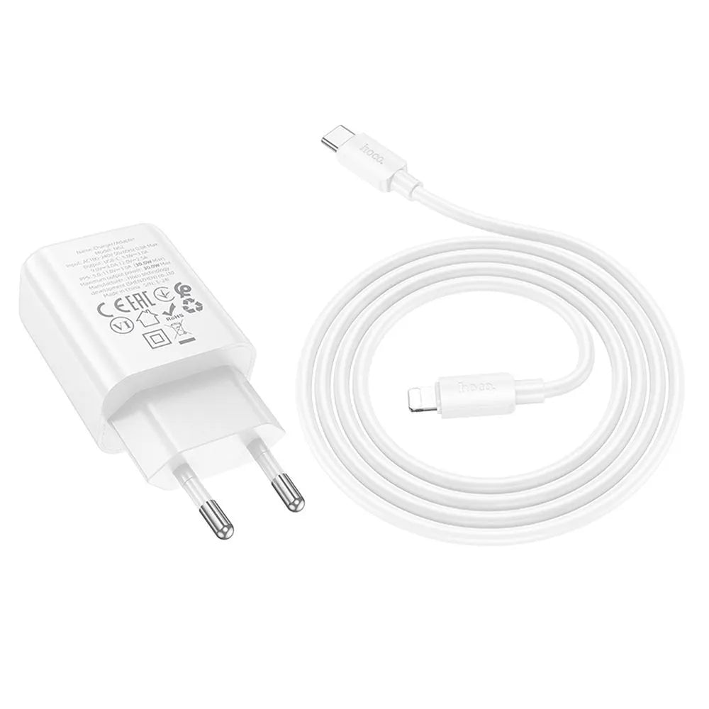 Hoco USB-C QC PD 30W stenski polnilec za telefon + USB-C na Lightning kabel N62 bel
