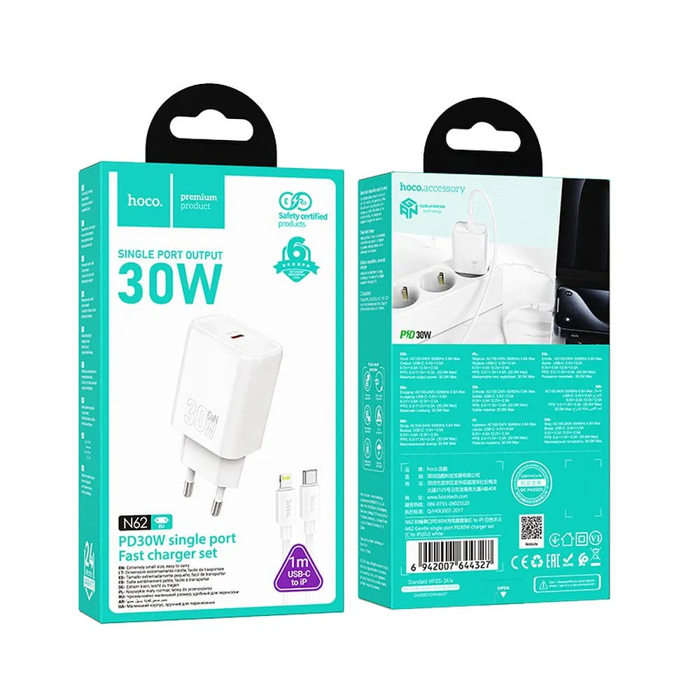 Hoco USB-C QC PD 30W stenski polnilec za telefon + USB-C na Lightning kabel N62 bel