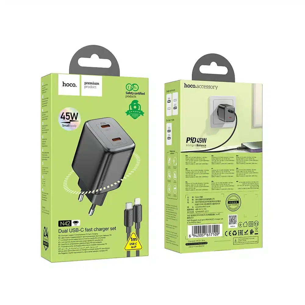 HOCO stenski polnilec 2 x tip C + kabel tip C do Lightning PD QC 45W GaN N42 črn