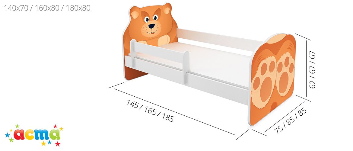 Dječji krevet ACMA Animals, bočna bijela + ladica 160x80 cm 04 Pas