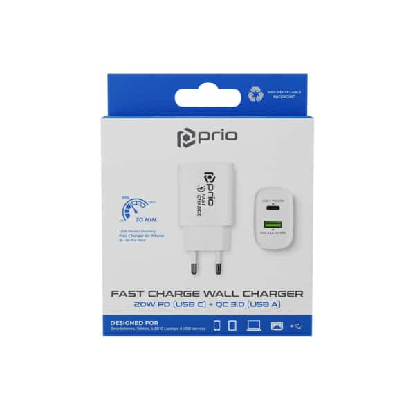 Prio Fast Charge stenski polnilec 20W PD (USB C) + QC 3.0 (USB A) bel