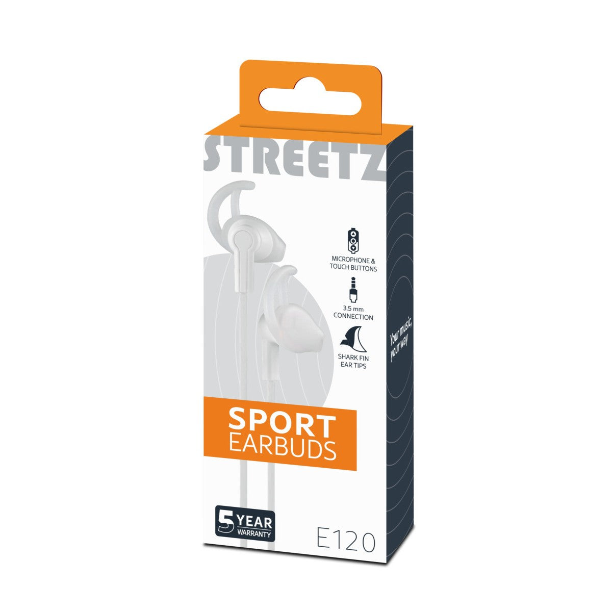 STREETZ E120 Stay-in-ear slušalice na žicu, daljinski s 1 gumbom, 3,5mm priključak, mikrofon, bijele