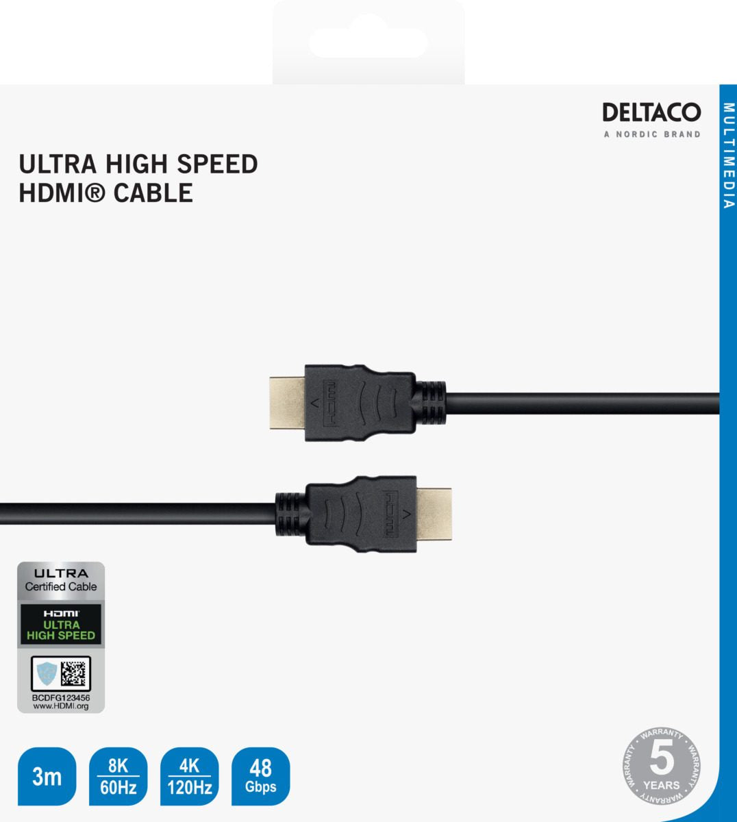 DELTACO Kabel Ultra High Speed HDMI ARC, QMS, 8K u 60Hz, 4K UHD u 120Hz, 3m, crni