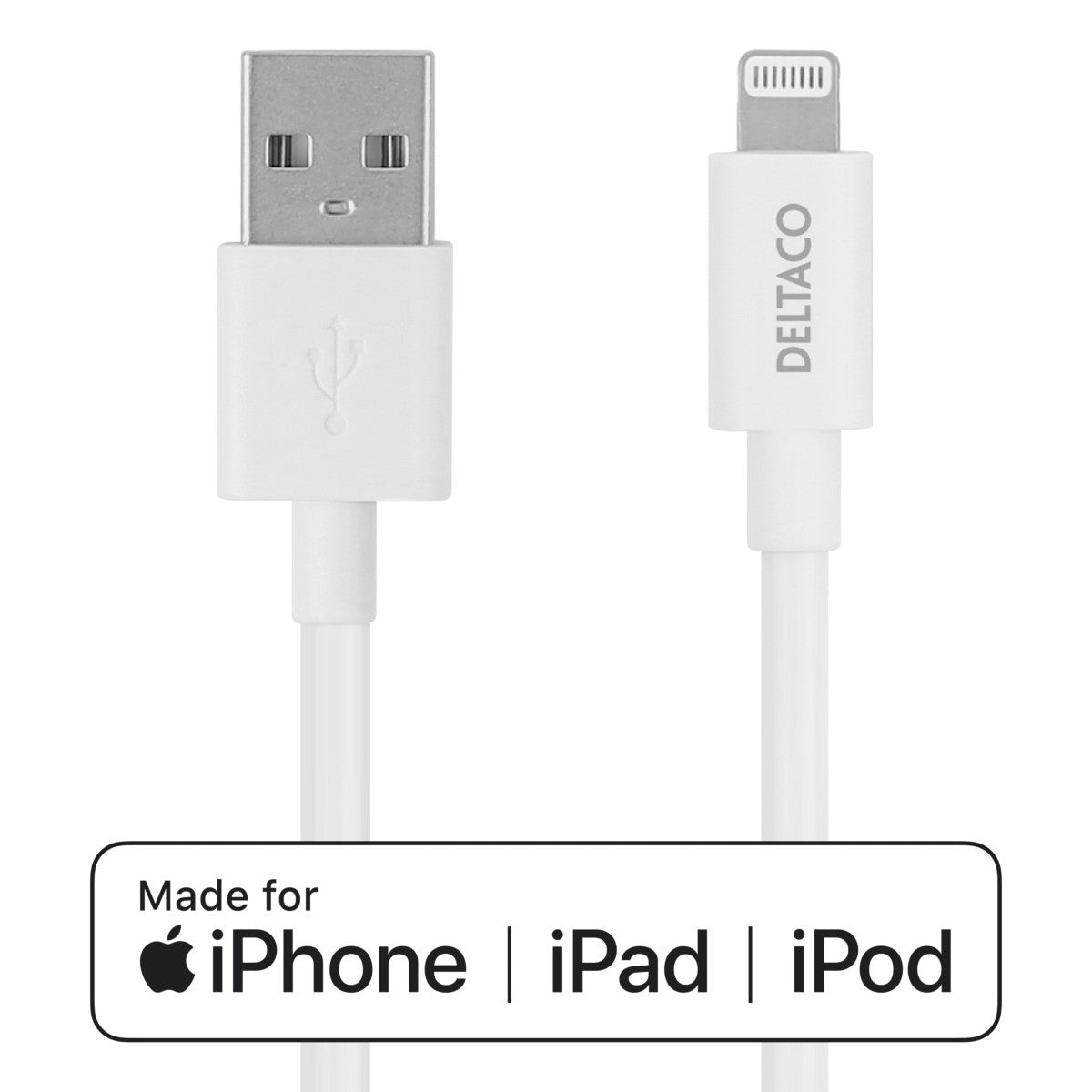 DELTACO Lightning kabel, 1m, Apple C189 čipset, MFi, FSC-označeno pakiranje, bijelo