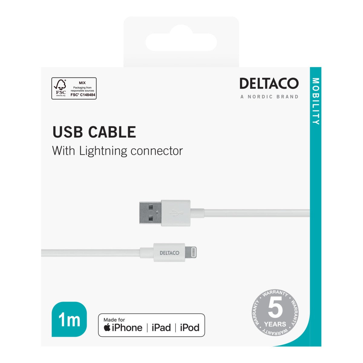 DELTACO Lightning kabel, 1m, Apple C189 čipset, MFi, FSC-označeno pakiranje, bijelo