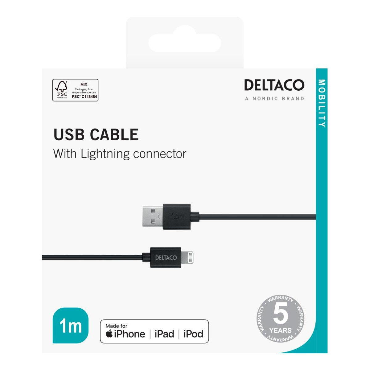 DELTACO Lightning kabel, 1m, Apple C189 čipset, MFi, FSC-označeno pakiranje, crno