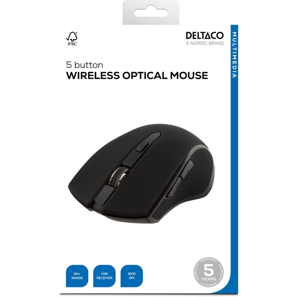 DELTACO bežični optički miš, 5 tipki + scroll, 1600 DPI, USB,
