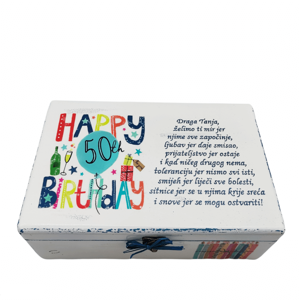 Unikatna škatla za rojstni dan - personalizirano darilo s sporočilom ljubezni in sreče - 1. Happy birthday - modra Š1807