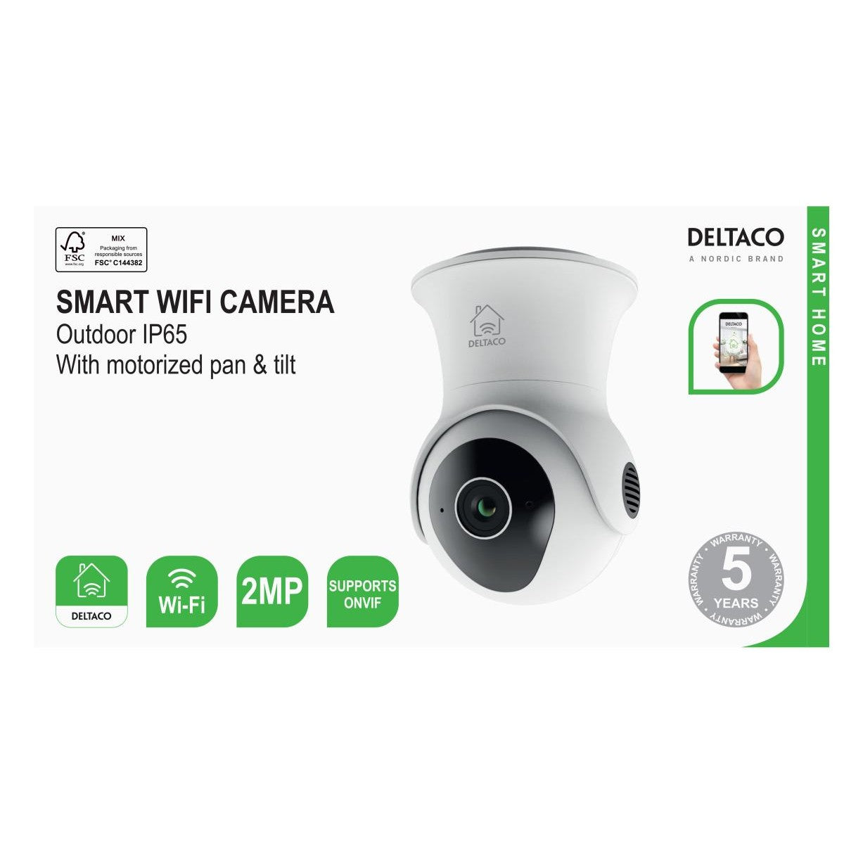 DELTACO SMART HOME WiFi kamera pokretna VANJSKA, IP65 cert, 2MP, Senzor pokreta BIJELA