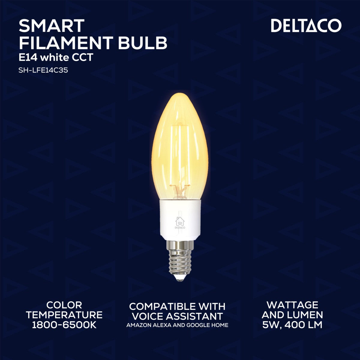 DELTACO SMART HOME LED Filament žarulja,E14,WiFI 2.4GHz, 4.5W, 400lm,dimmable, 1800K-6500K, 220-240V