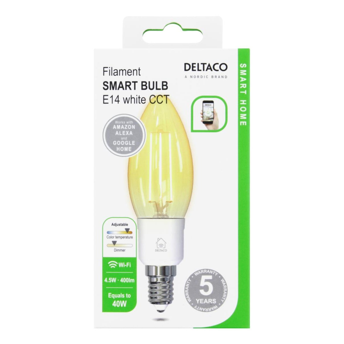 DELTACO SMART HOME LED Filament žarulja,E14,WiFI 2.4GHz, 4.5W, 400lm,dimmable, 1800K-6500K, 220-240V