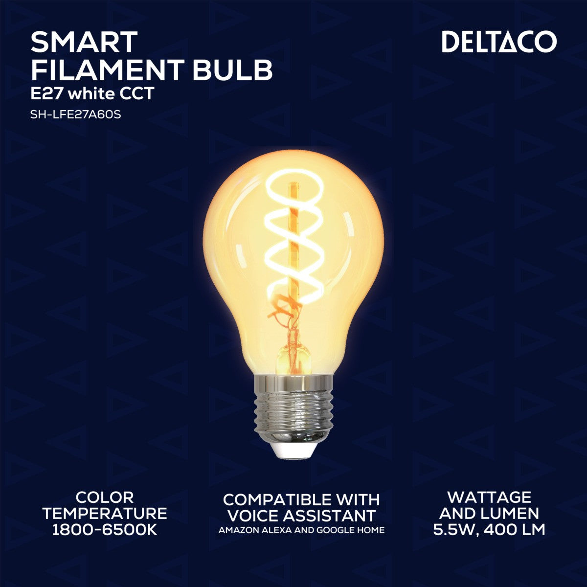DELTACO SMART HOME Spiralna LED filament žarulja, E27, WiFI 2.4GHz, 5.5W, 470lm, 1800K-6500K,220-240