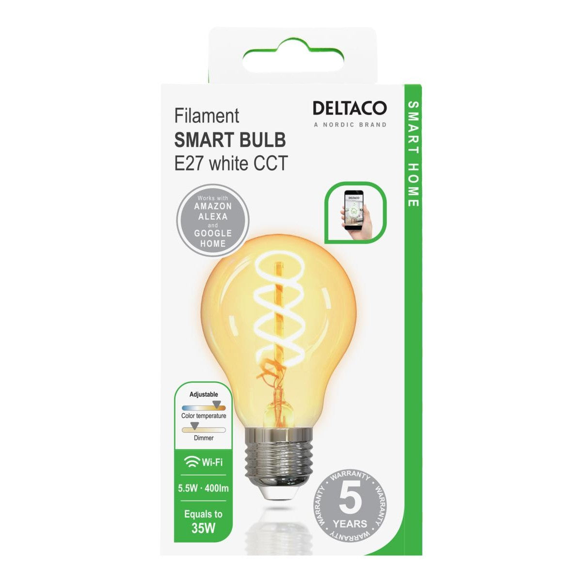 DELTACO SMART HOME Spiralna LED filament žarulja, E27, WiFI 2.4GHz, 5.5W, 470lm, 1800K-6500K,220-240