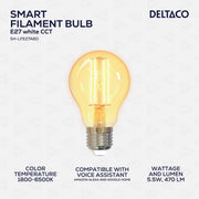 DELTACO SMART HOME LED filament žarulja, E27, WiFI 2.4GHz, 5.5W, 470lm, 1800K-6500K,220-240