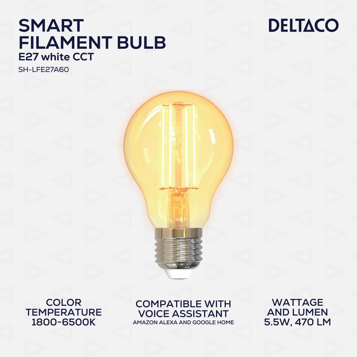 DELTACO SMART HOME LED filament žarulja, E27, WiFI 2.4GHz, 5.5W, 470lm, 1800K-6500K,220-240