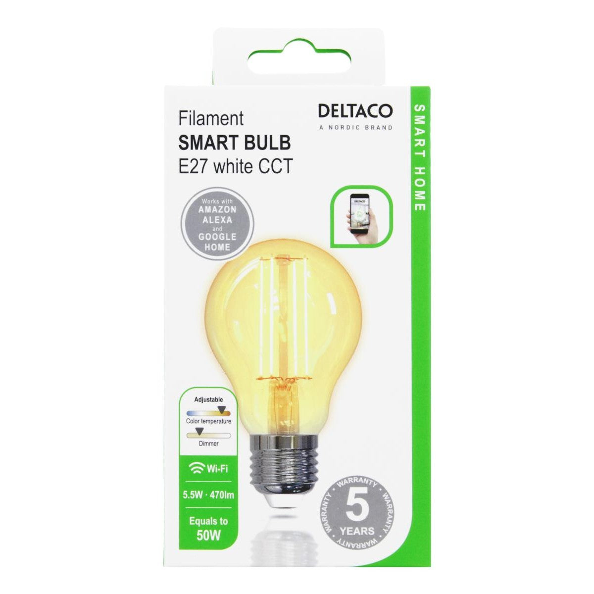 DELTACO SMART HOME LED filament žarulja, E27, WiFI 2.4GHz, 5.5W, 470lm, 1800K-6500K,220-240