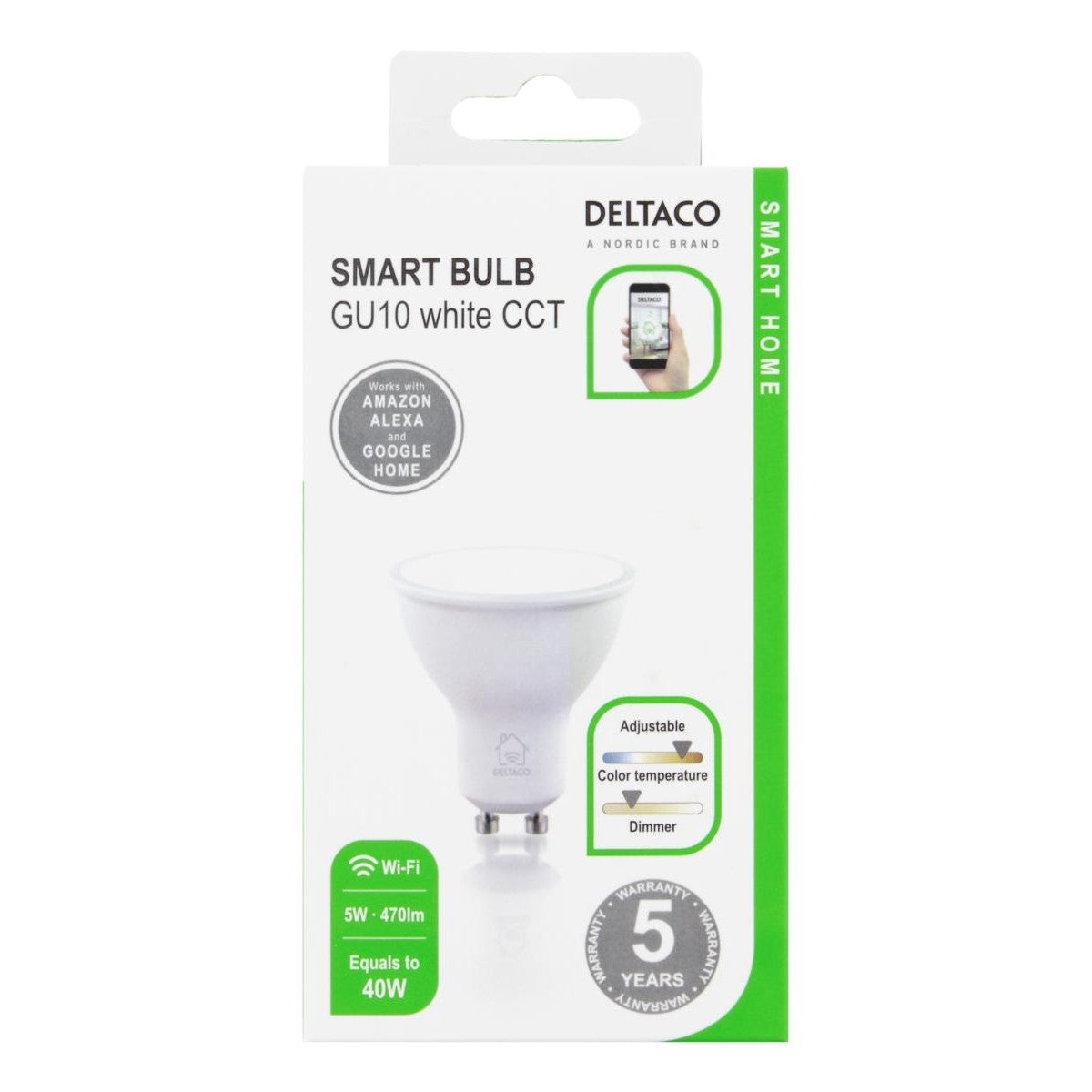 DELTACO SMART HOME LED Žarulja, GU10, WiFI 2.4GHz, 5W, 470lm, dimmable, 2700K-6500K, 220-240V, BIJEL